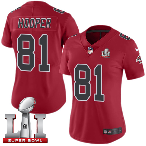Nike Falcons #81 Austin Hooper Red Super Bowl LI 51 Women's Stitched NFL Limited Rush Jersey - Click Image to Close